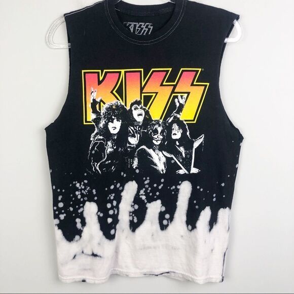 KISS | Sleeveless Graphic Band Tee Tank Top Bleached Detail Size Small - Picture 1 of 6